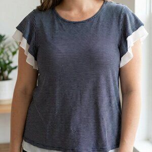 Maison Jules Navy & White Striped Flutter Sleeve Top with Chiffon Ruffle Trim